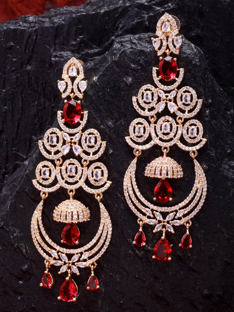 Red American Diamond with Rose Gold-Plated Contemporary Chandbalis Earrings