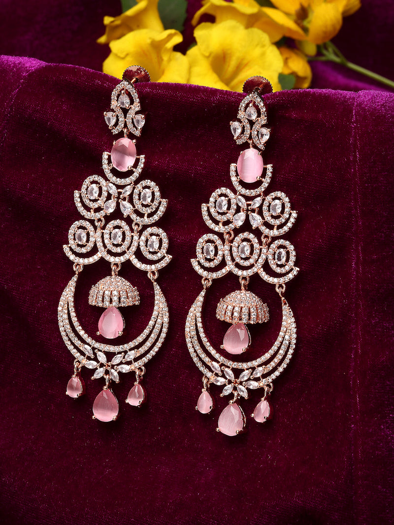 Pink American Diamond with Rose Gold-Plated Contemporary Chandbalis Earrings