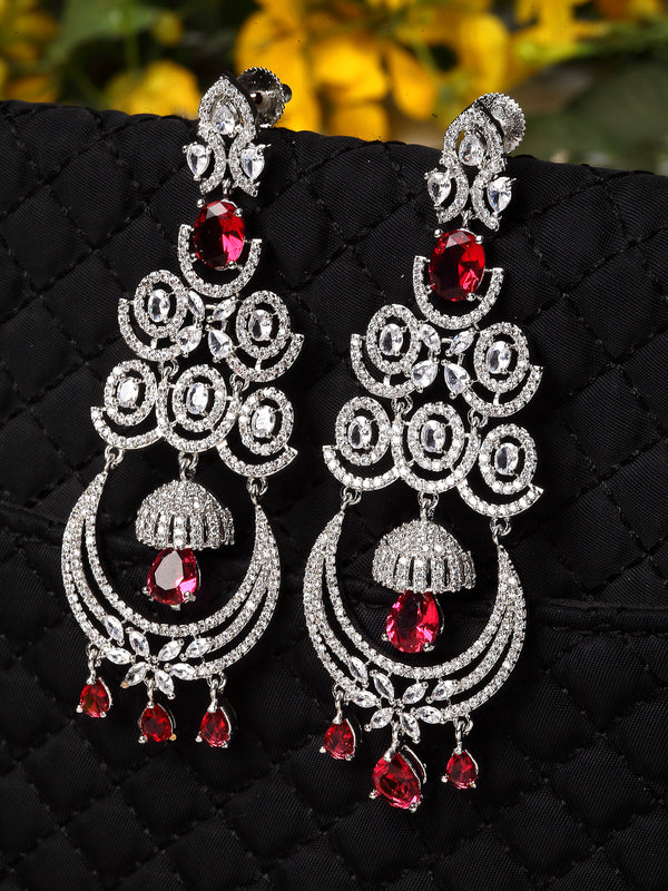 Red & White Rhodium-Plated with Silver-Tone American Diamond Studded Chandelier Earrings