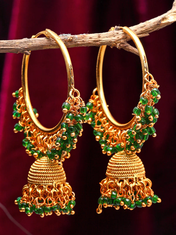 Green Dome Shaped Jhumkas Earrings with Gold-Toned Copper