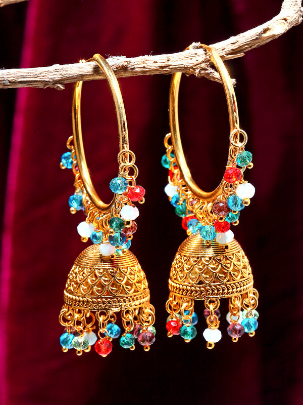 Multicoloured Dome Shaped Jhumkas Earrings with Gold-Plated Copper