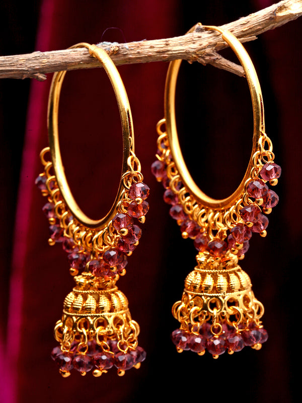 Maroon Dome Shaped Jhumkas Earrings with Gold-Plated Copper