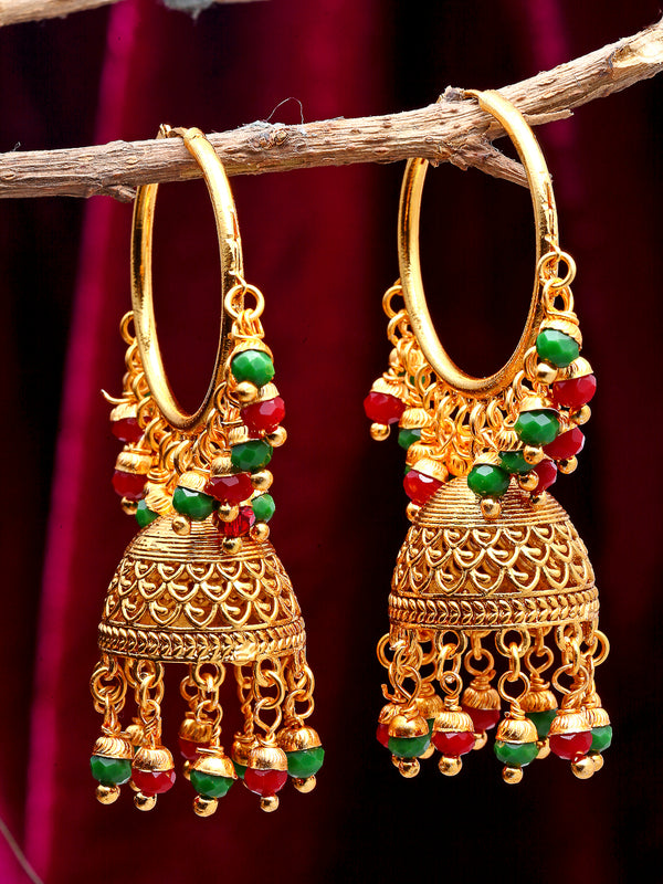 Red & Green with Gold-Plated Dome Shaped Jhumkas Earrings