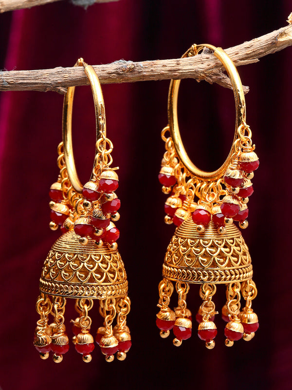 Red & Gold-Toned Copper Cubic Zirconia Dome Shaped Jhumkas Earrings