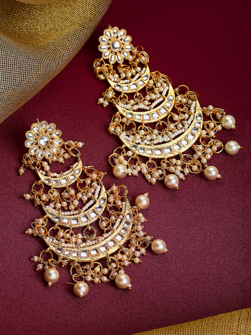 Gold-Plated Off White Kundan & Pearls Beaded Chandbalis Earrings