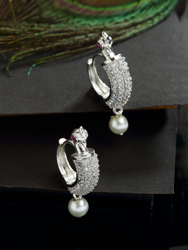 White Peacock Shaped Rhodium-Plated with Silver-Tone Hoop Earrings