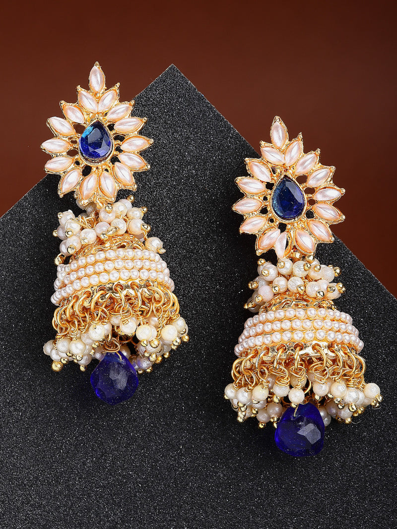 Pearl Stylish Blue & Gold-Toned Contemporary Gold-Plated Jhumka Earrings