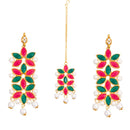 Gold-Plated White Pearl Green & Pink Kundan Studded Maang Tikka & Earrings Set