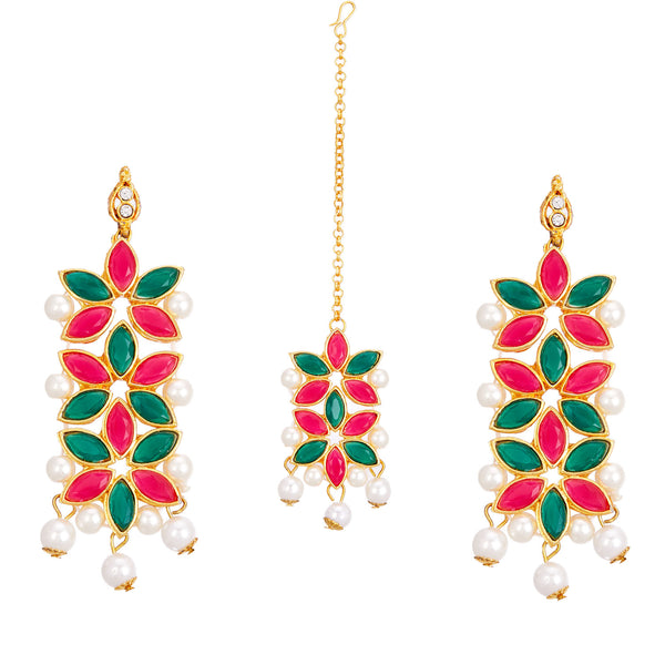 Flower Shaped Gold Plated Maang Tikka With Earrings Set