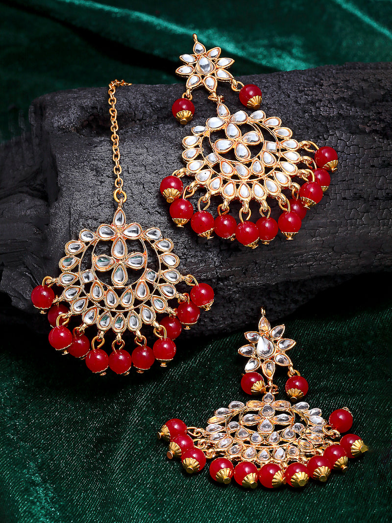 Gold-Plated & Red Pearl & Kundan Studded Maang Tikka With Earrings