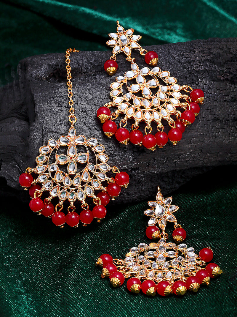 Gold-Plated Red Pearl Kundan Studded Maang Tikka With Earrings