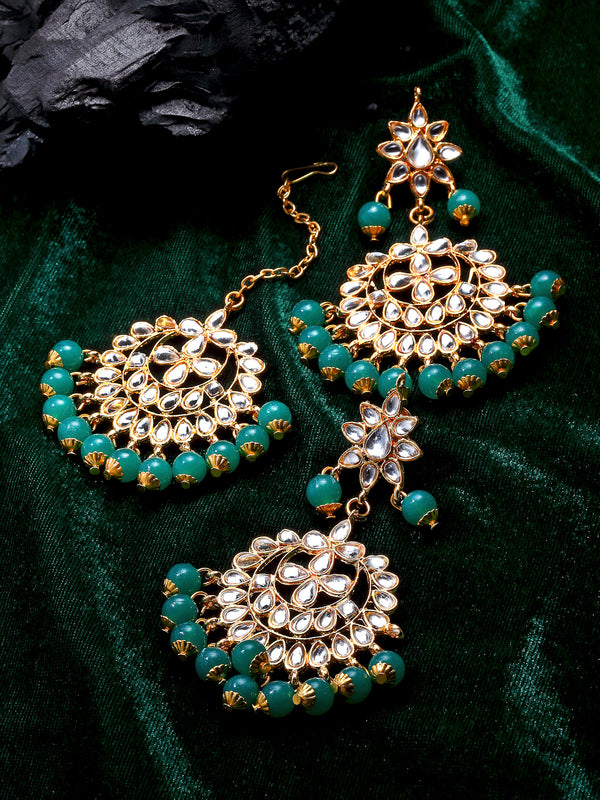 Gold Plated & Green Kundan Studded Earrings & Maangtikka Set
