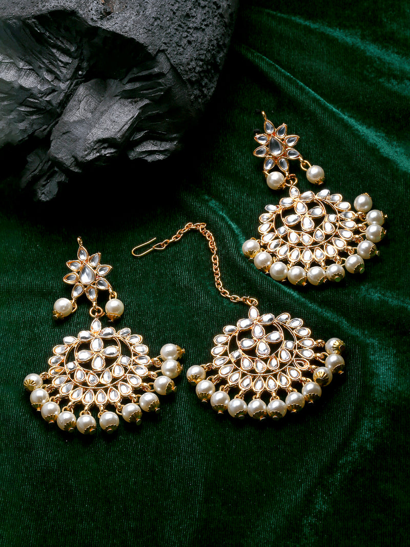 Gold-Plated White Pearl Kundan Studded Maang Tikka With Earrings