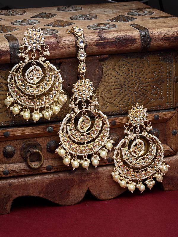 Gold-Plated Kundan & Pearl Studded Handcrafted Maang Tika & Earrings Set