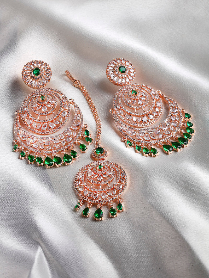 Rose Gold Plated American Diamond  Traditional Jewellery Studded Green Maang Tikka with Earring Set