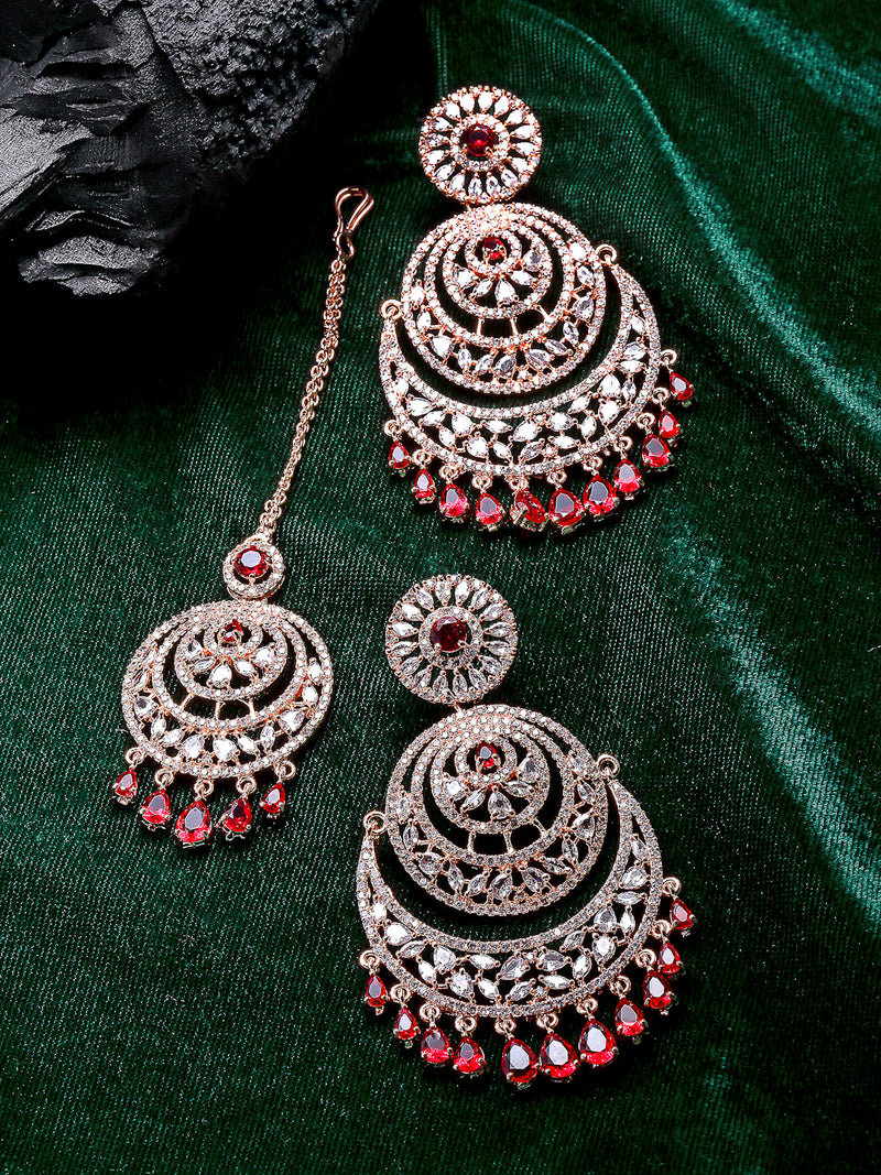 Rose Gold-Plated Round Red American Diamond Studded Chandbali Maang Ti