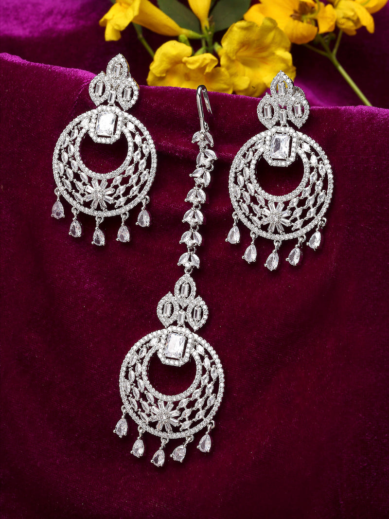 Rhodium-Plated with Silver-Toned White Round American Diamond-Studded Maang Tikka & Earrings Set