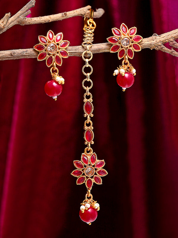 Red Gold-Plated Kundan Studded Maang Tika & Earring Set