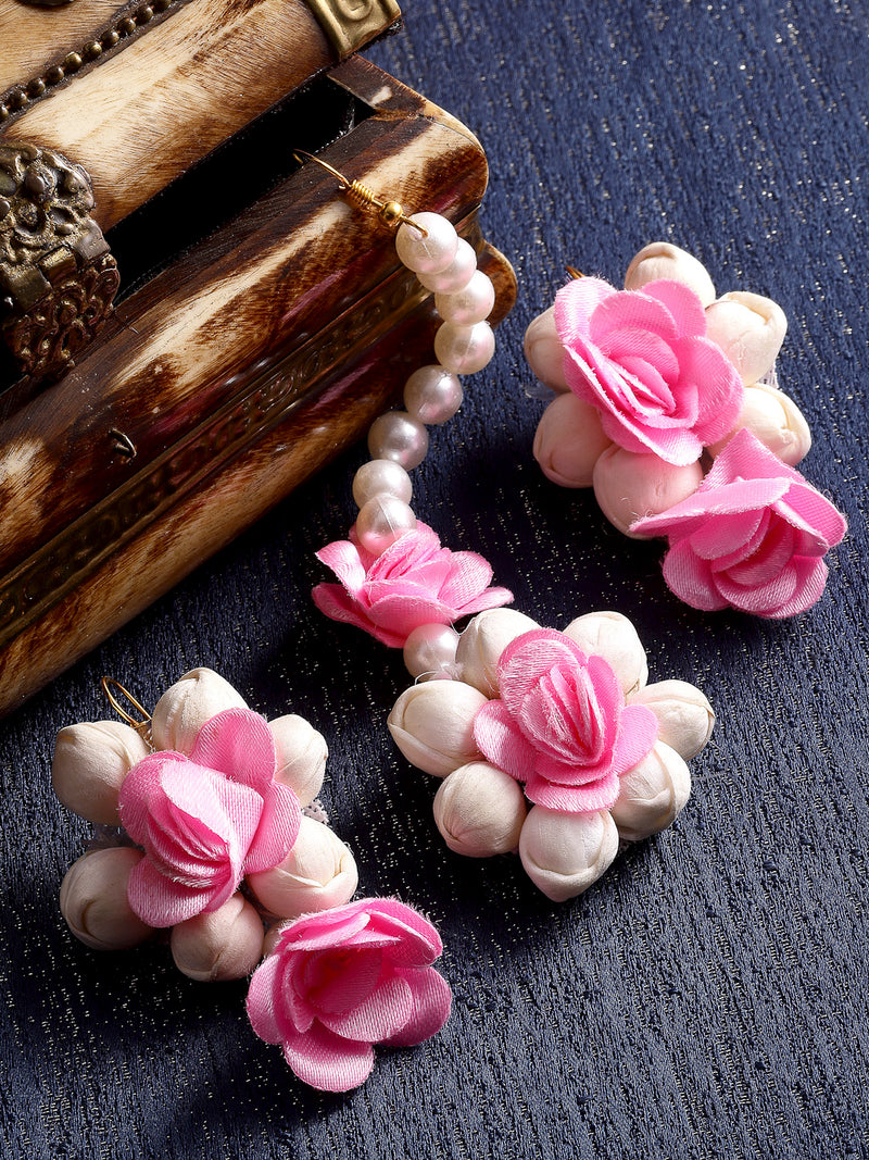 Pink Rose & White Beads Gota Patti Maang Tikka With Earring