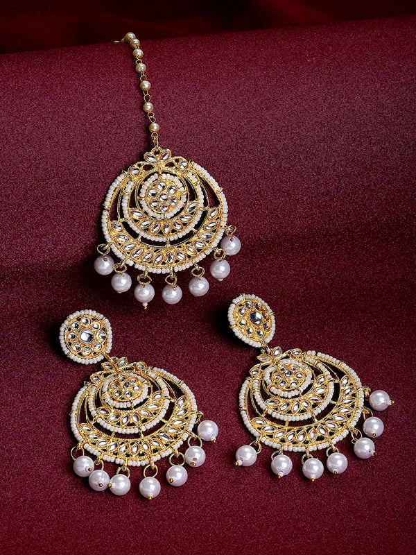 Gold-Plated White Stone Studded & Beaded Jewellery Set