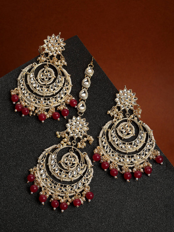 Gold-Plated White & Red Stone Studded Pearl Beaded Jewellery Set