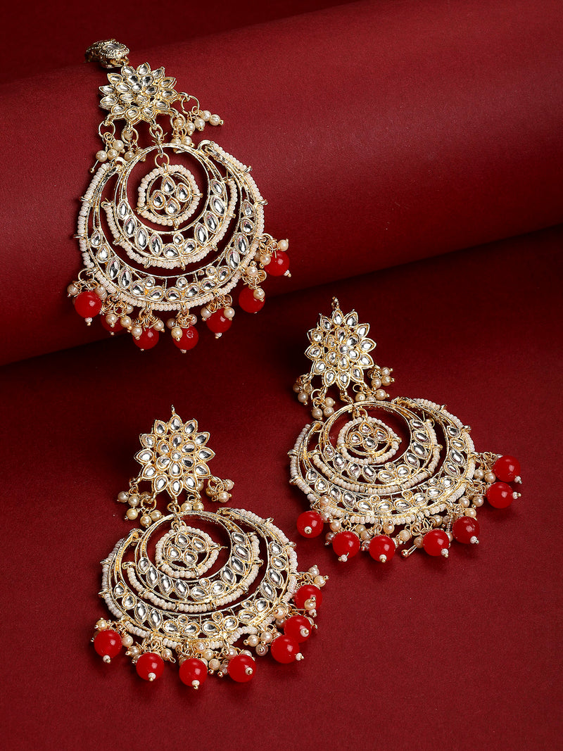 Red & Gold-Plated Stone Studded & Pearl Beaded Jewellery Set