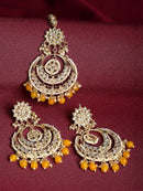 Gold-Plated Pearl Drops Orange Kundan Chandbali Maang Tikka & Earrings Set