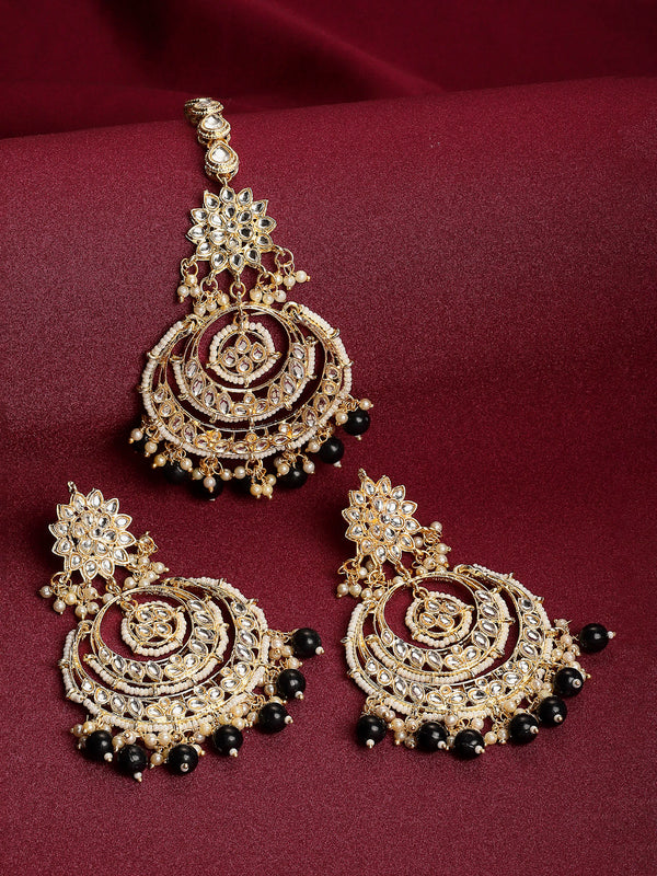 Gold-Plated Black and White Beads Beaded Jewellery Set