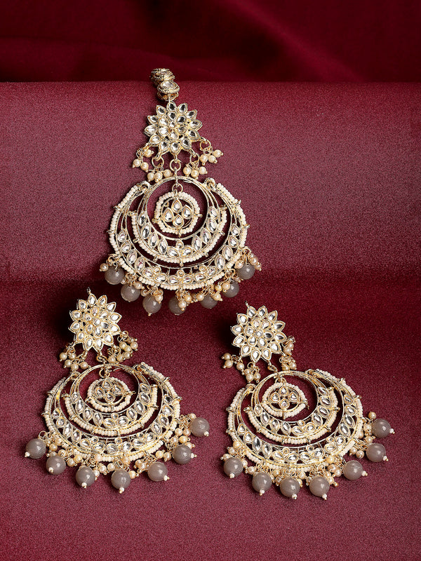 Gold-Plated White & Grey Stone Studded & Beaded Jewellery Set
