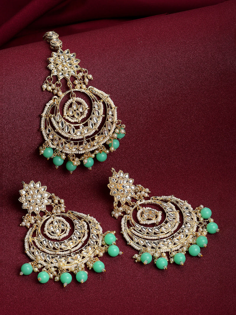 Sea Green & Cream Coloured Gold Plated Stone Studded Beaded Jewellery Set