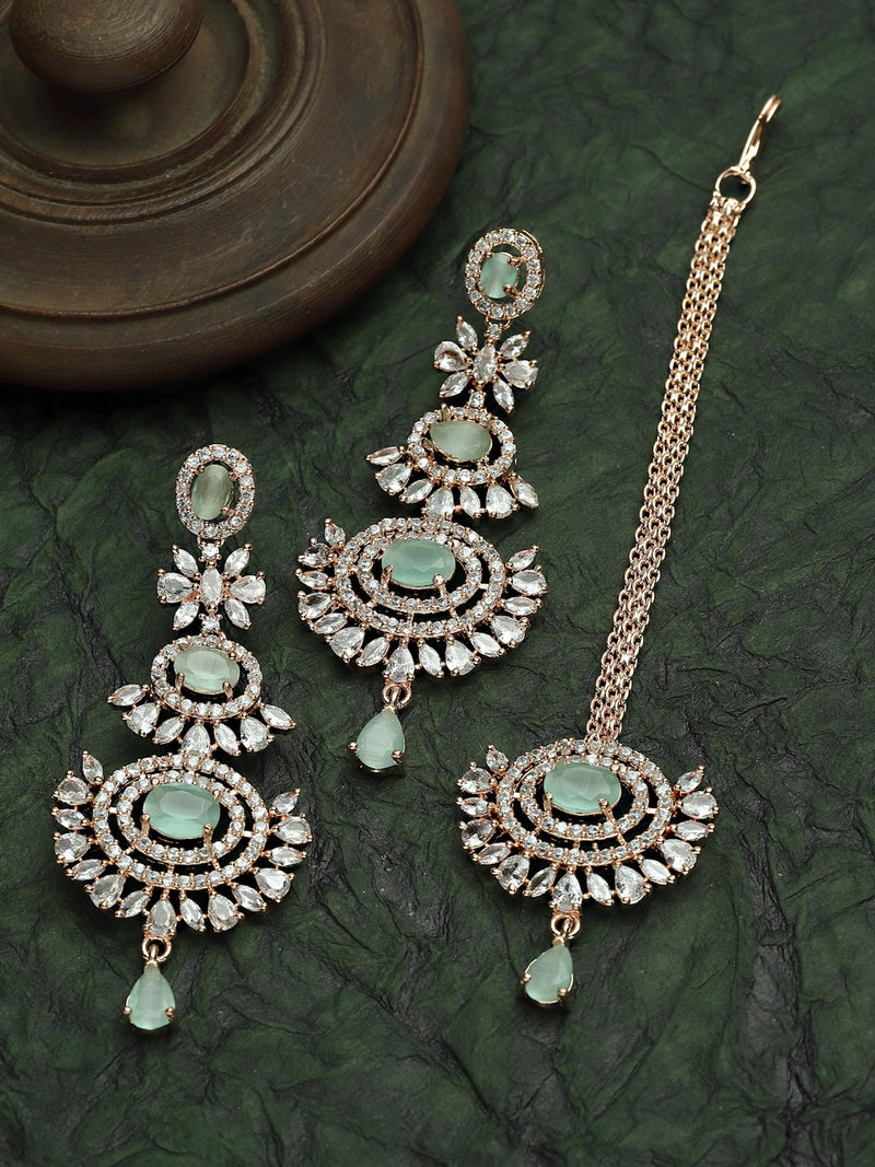 Rose Gold-Plated Green American Diamond Studded Contemporary Head Jewellery With Earring