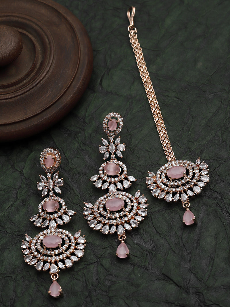 Rose Gold-Plated Pink American Diamond Studded Maang Tikka With Earrin