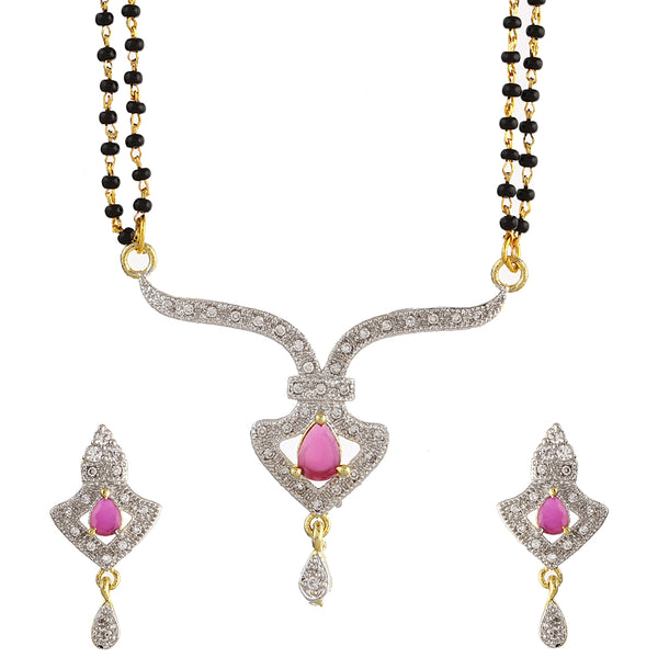 Gold Plated Pink American Diamond Studded Gold Plated Mangalsutra With Earrings For Women