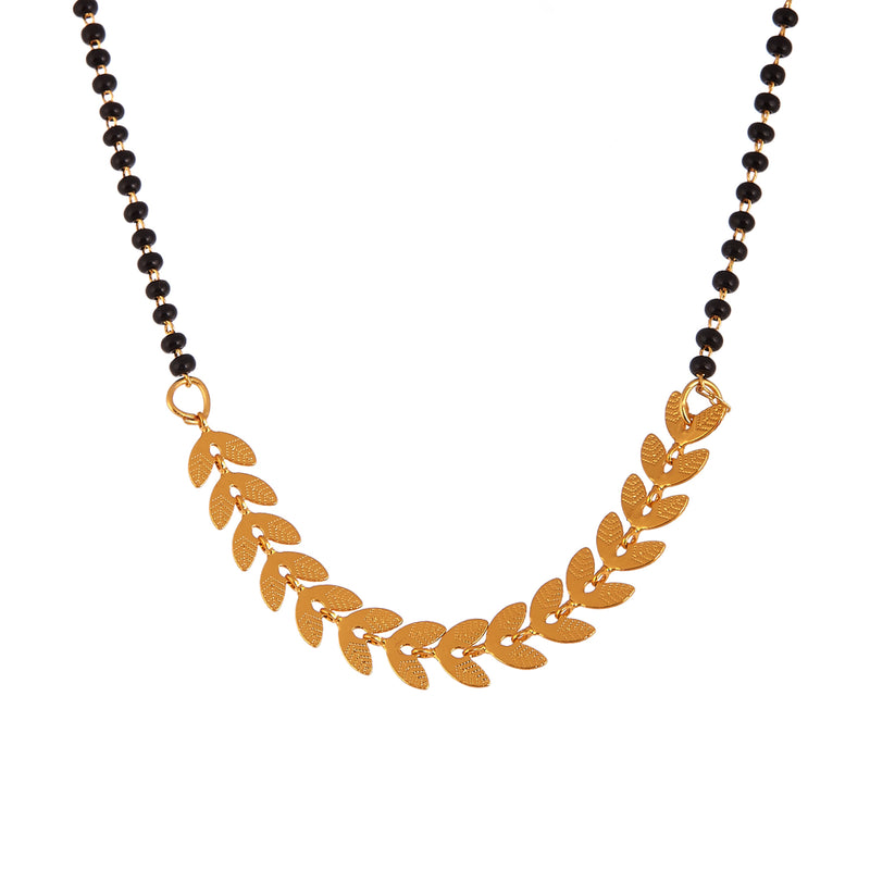 Gold Plated Leaf Vine Style Tanmaniya Nallapusalu Mangalsutra with Black Beads for Women