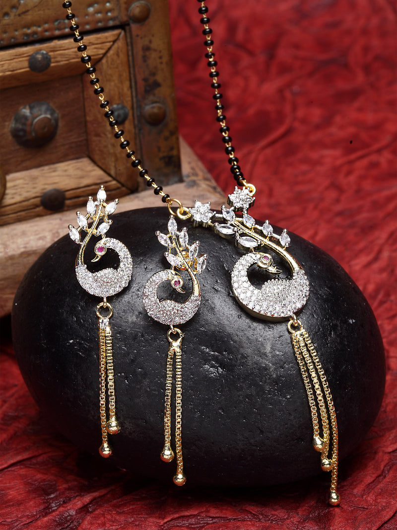 Peacock Design Gold-Plated White & Black Stone Studded & Beaded Mangalsutra Set