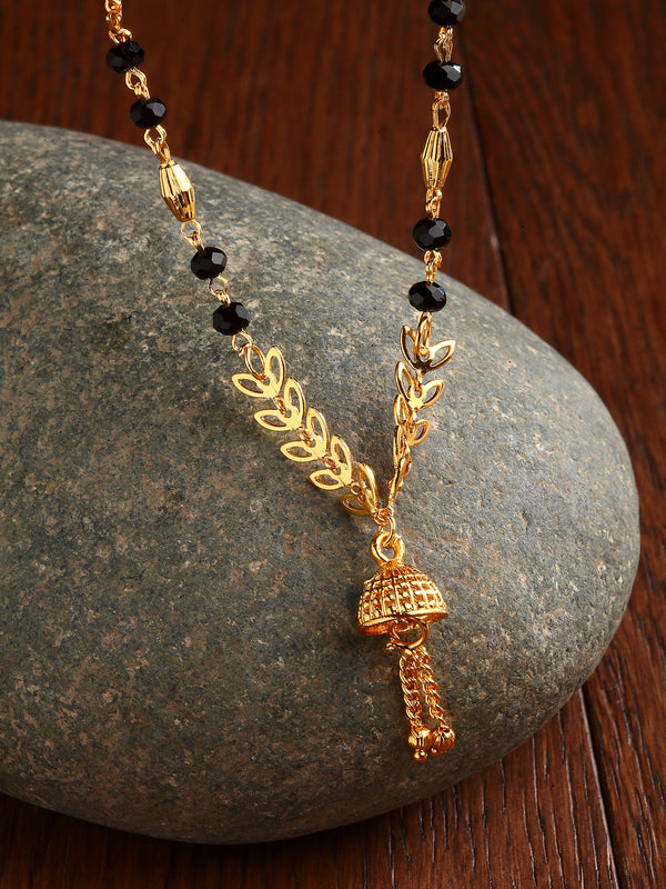 Gold-Plated Brass Black Artificial Beads Studded Floral Mangalsutra