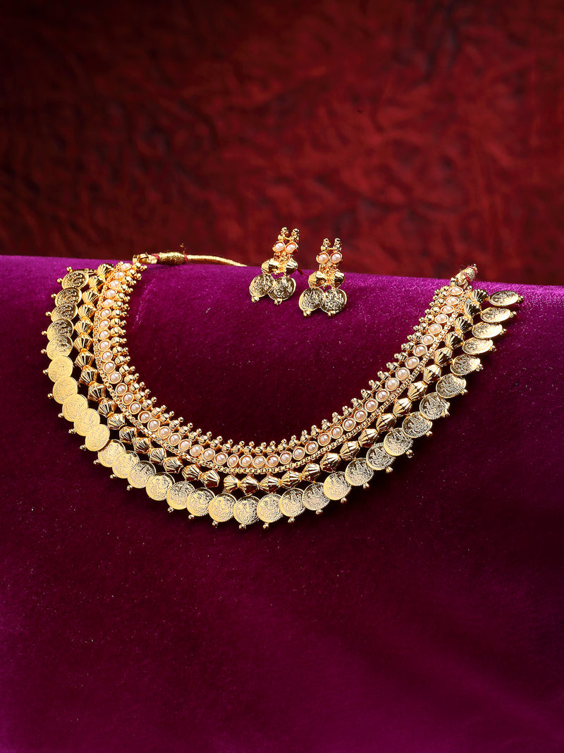 Traditional Gold-Plated White Pearl Lakshmi Coin Necklace & Earring Jewellery Set