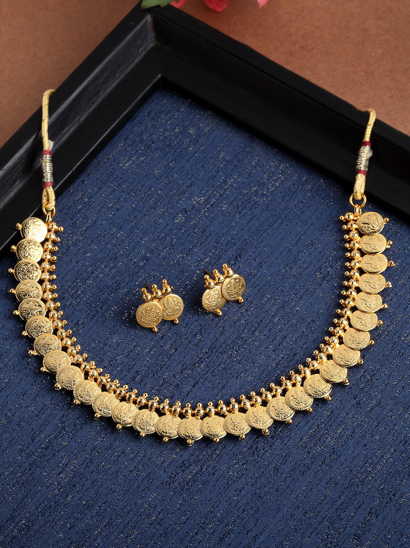 Traditional Temple Coin Gold-Plated Choker Necklace With Drop Earrings