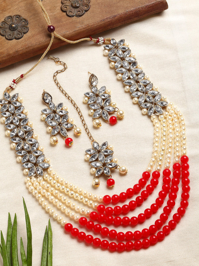 Flower Shaped Gold-Plated Kundan Pearl & Ruby Red-White Beads Studded Necklace Set With Crystal Earring and Maang Tika