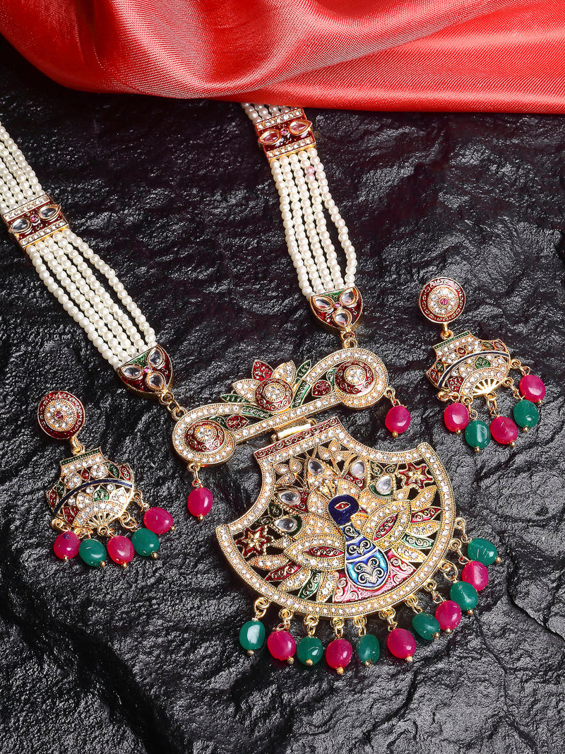 Hyderabadi Peacock Meenakari Style Pink, Green & White Kundan-Studded & Pearl Beaded Gold-Plated Jewellery Set
