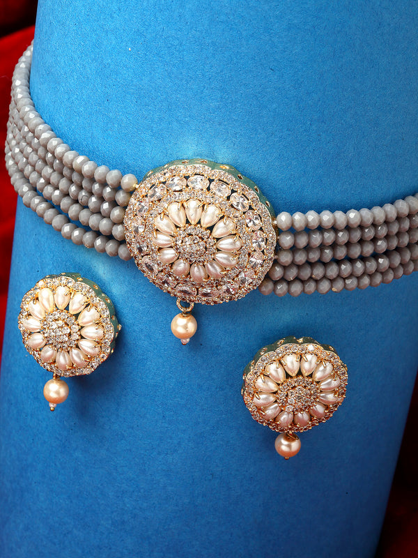 Grey & White Gold-Plated Pearl Studded & Beaded Jewellery Set