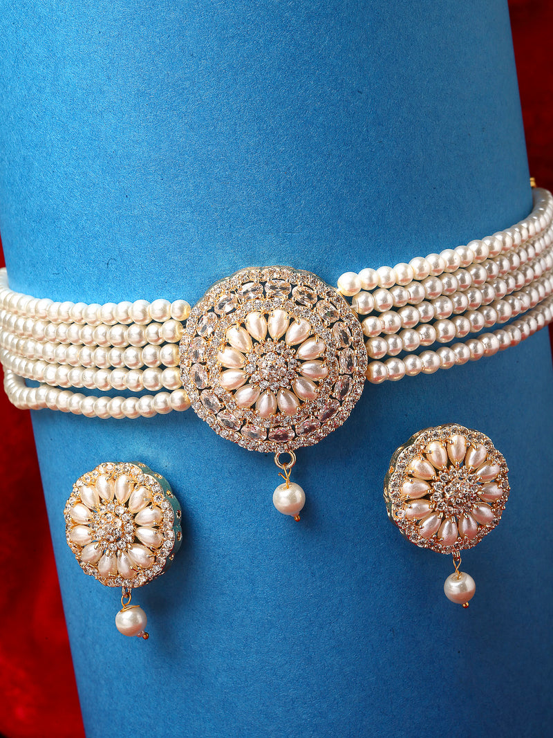 White Gold-Toned Stone-Studded & Pearl Beaded Choker Jewellery Set