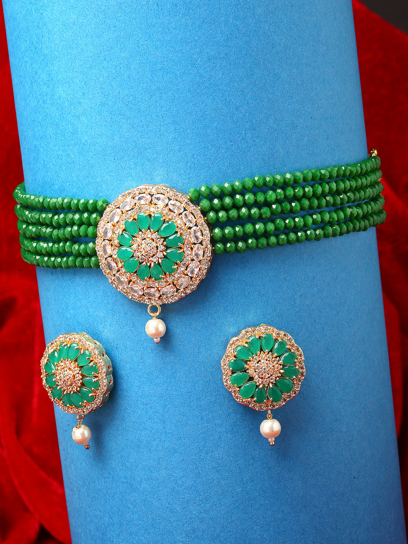 Green American Diamond Gold-Plated Studded Beaded Choker Necklace with Earring Fashion Jewellery Set