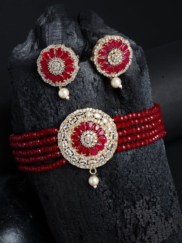 Red Gold-Plated Stone Studded Multistrand Choker Necklace & Earrings