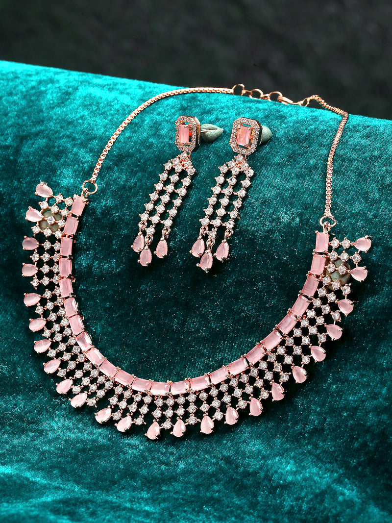 Rose Gold-Plated Pink & White AD-Studded Contemporary Jewellery Set