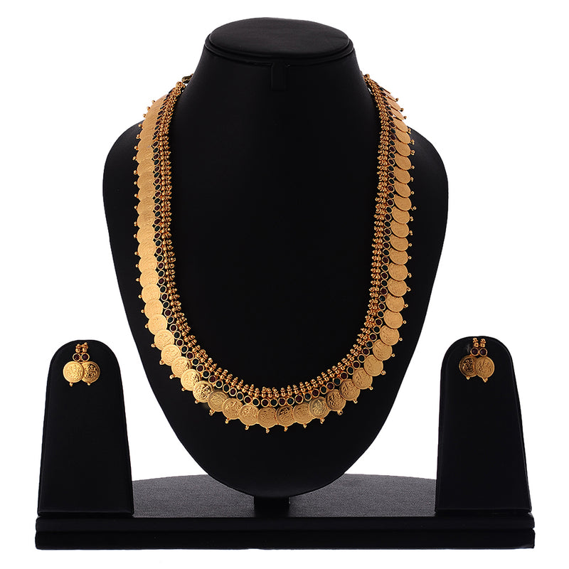 Jewellery Set Gold Plated Long Traditional Maharani Beads Studded Temple Coin Necklace Set with Earrings Jewellery For Women & Girls