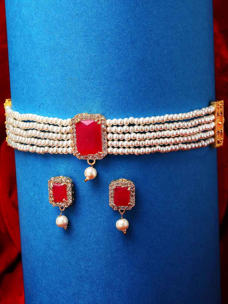 Red & White Gold-Plated  American Diamond Stone-Studded & Beaded Jewellery Set
