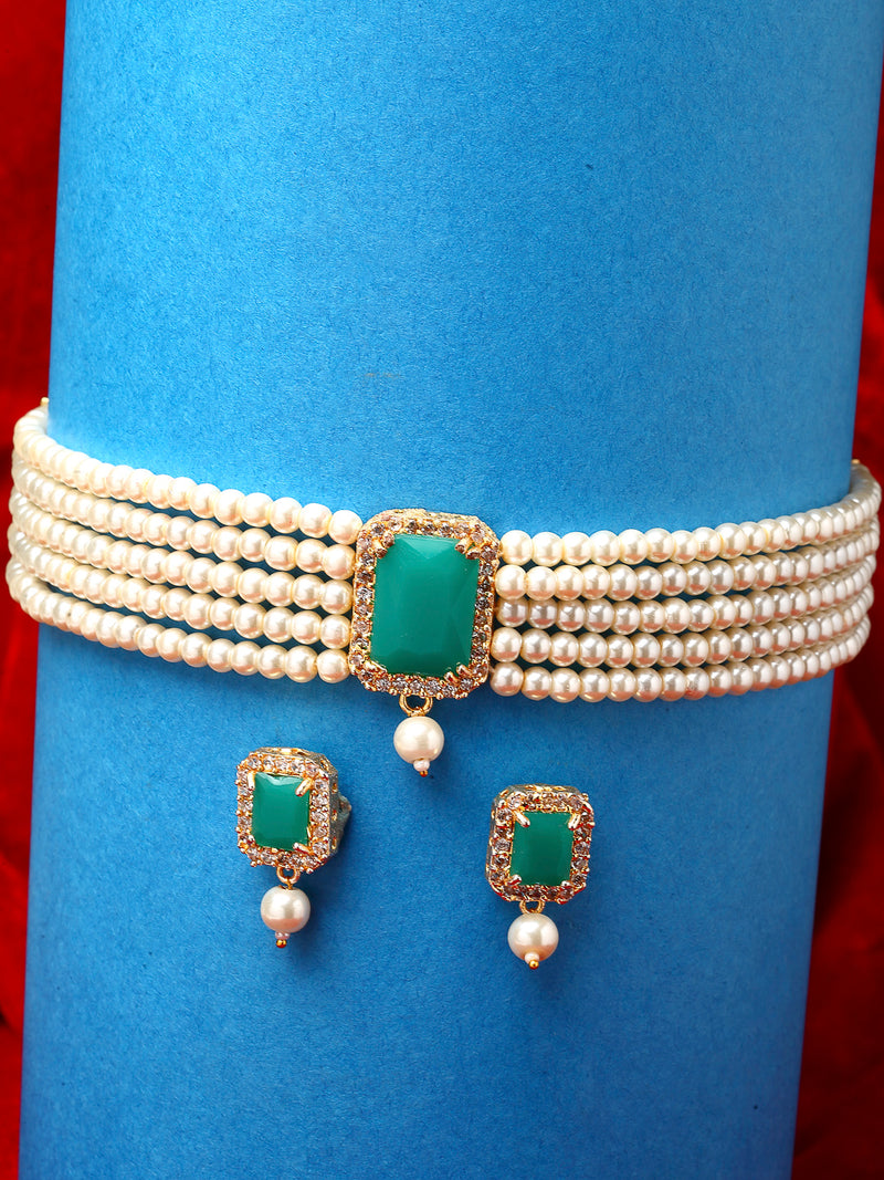 White & Green Gold-Plated American Diamond Studded Choker Jewellery Set