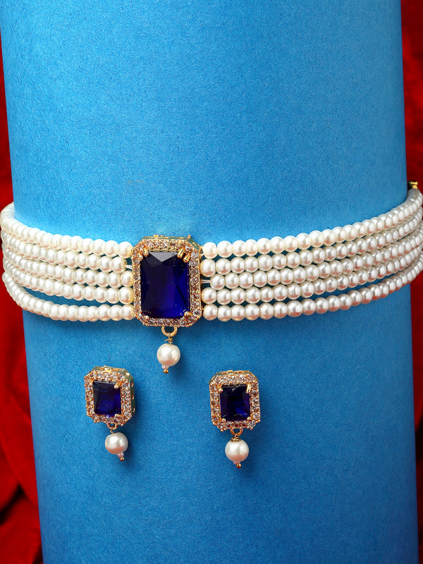 White & Navy Blue Gold-Plated American Diamond Studded and Pearl Beaded Choker Jewellery Set