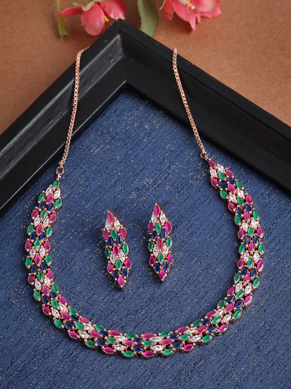 Pink Blue Green & White Rose Gold-Plated American Diamond-Studded Handcrafted Jewellery Set